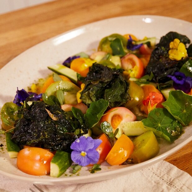 Tara Thomas' Barbecue Fig Leaf-Wrapped Maitake Mushroom And Harvest Salad With Cilantro Oil