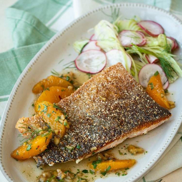 Buckwheat-Crusted Salmon with Brown-Butter Sauce and  Fennel-Radish Slaw