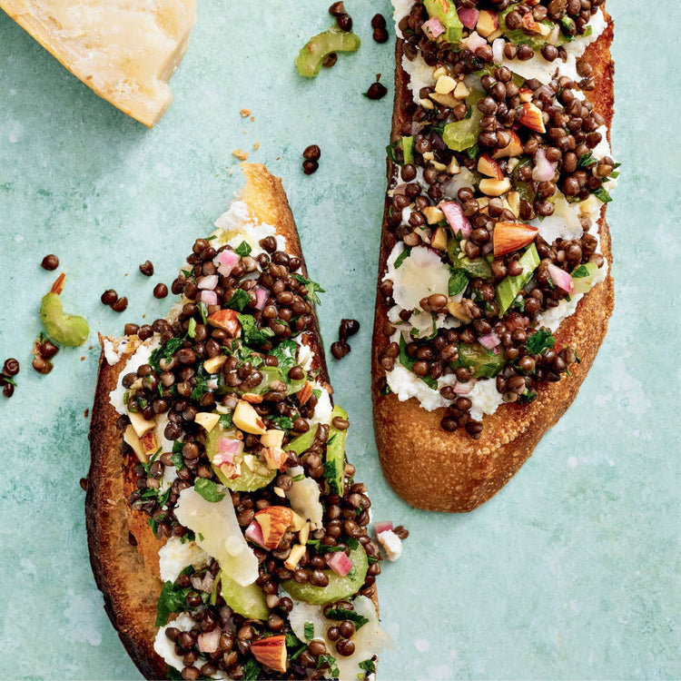 Caroline Chambers’ Lentil Bruschetta with Pickled Shallot Vinaigrette